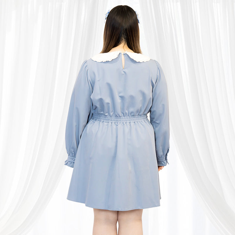 レース襟のブルーミニ丈ワンピース（ワンサイズ/3L-4L-5L相当