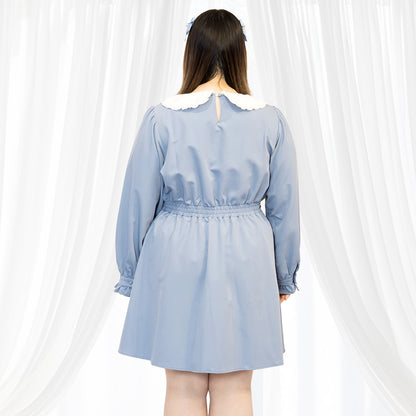 レース襟のブルーミニ丈ワンピース（ワンサイズ/3L-4L-5L相当)/Taberunosky（タベルノスキー）