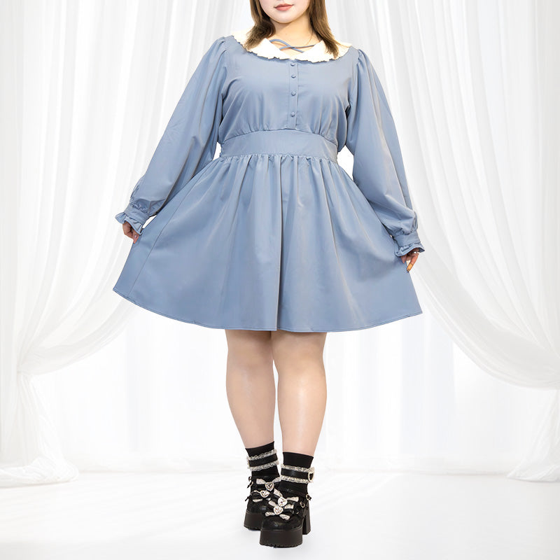 レース襟のブルーミニ丈ワンピース（ワンサイズ/3L-4L-5L相当