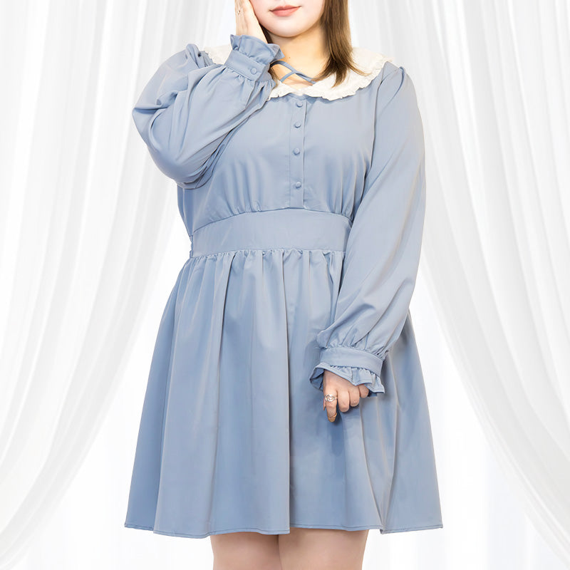 レース襟のブルーミニ丈ワンピース（ワンサイズ/3L-4L-5L相当)/Taberunosky（タベルノスキー）