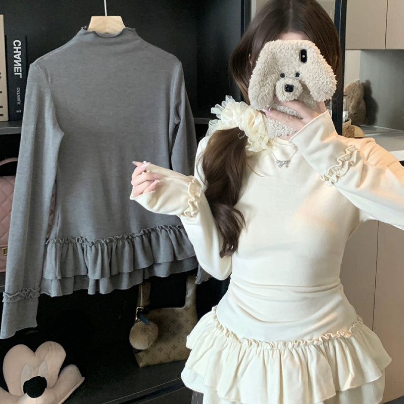 エクリュホワイト＆クラウドグレー ぽっちゃり美人フリルトップス(L/LL/3L/4L/5L)