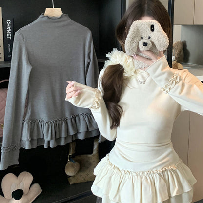 エクリュホワイト＆クラウドグレー ぽっちゃり美人フリルトップス(L/LL/3L/4L/5L)