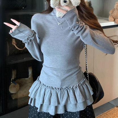 エクリュホワイト＆クラウドグレー ぽっちゃり美人フリルトップス(L/LL/3L/4L/5L)