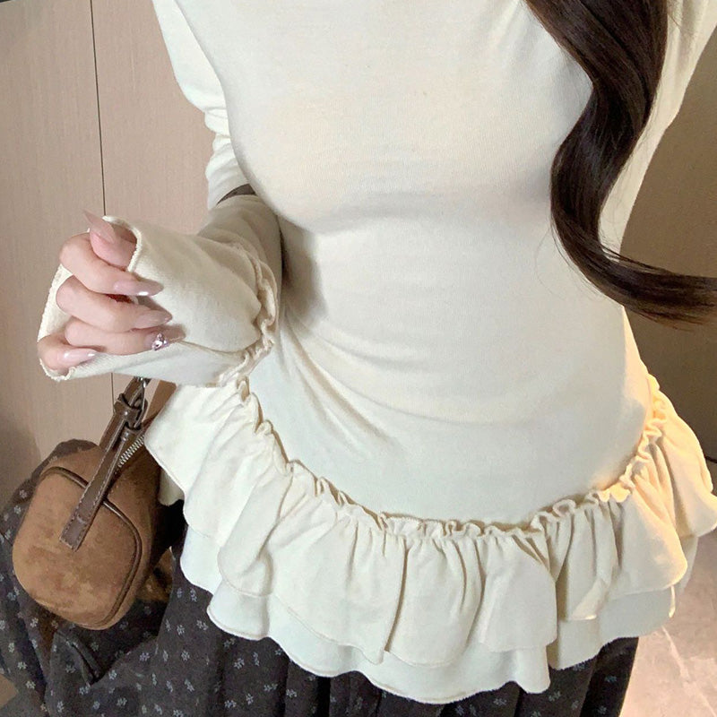 エクリュホワイト＆クラウドグレー ぽっちゃり美人フリルトップス(L/LL/3L/4L/5L)