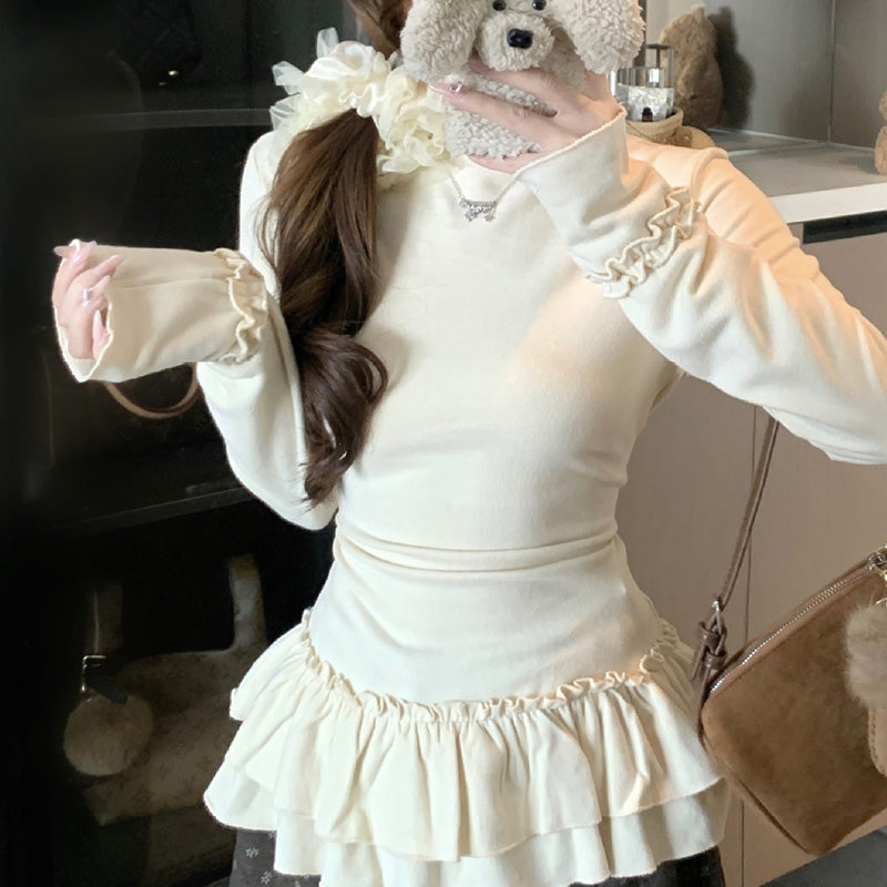 エクリュホワイト＆クラウドグレー ぽっちゃり美人フリルトップス(L/LL/3L/4L/5L)