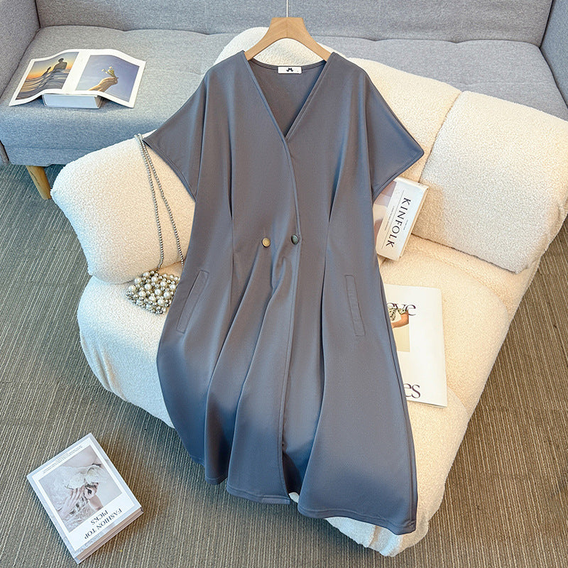 大きいサイズ レディース グレージュドレープ・ミニマル大人ワンピース(3L/4L/5L/6L/7L)