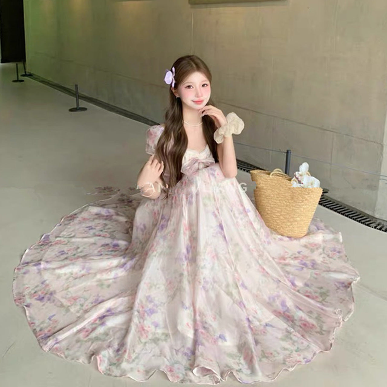 大きいサイズ レディース パステル花園のリボンフロアロングドレス・ワンピース(LL/3L/4L/5L)