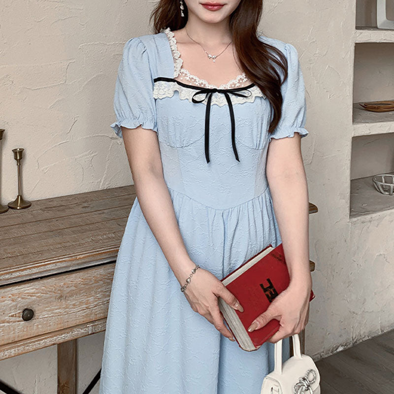 大きいサイズ レディース 清楚ブルーのリボンレースロングワンピース(LL/3L/4L/5L/6L)