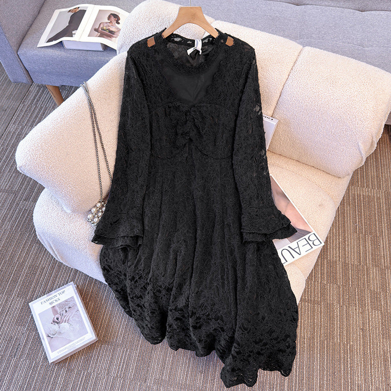 大きいサイズ レディース 黒レース・エレガントドレープワンピース(3L/4L/5L/6L/7L)