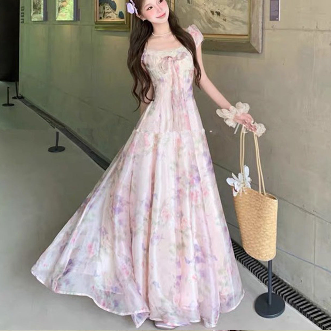 大きいサイズ レディース パステル花園のリボンフロアロングドレス・ワンピース(LL/3L/4L/5L)