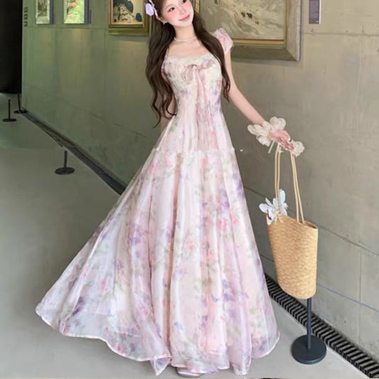 パステル花園のリボンフロアロングドレス・ワンピース(LL/3L/4L/5L)