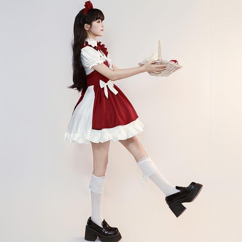 ハートリボンのスイートレッドメイド服(M/L/LL/3L/4L/5L/6L)/コスプレ/ハロウィン