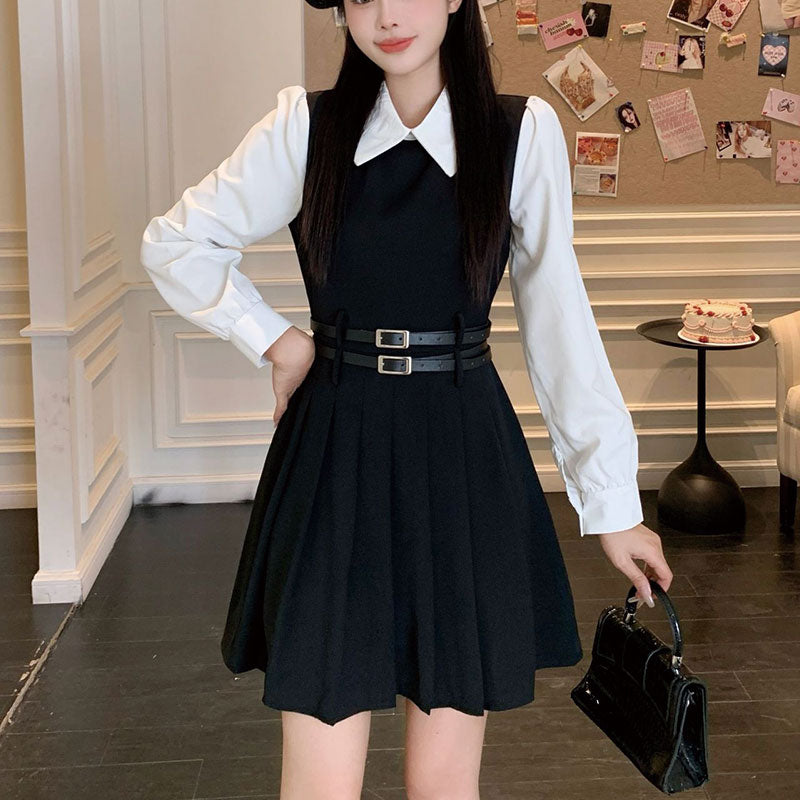 大きいサイズ レディース クラシカルガール・ダブルベルトプリーツワンピース(L/LL/3L/4L/5L)