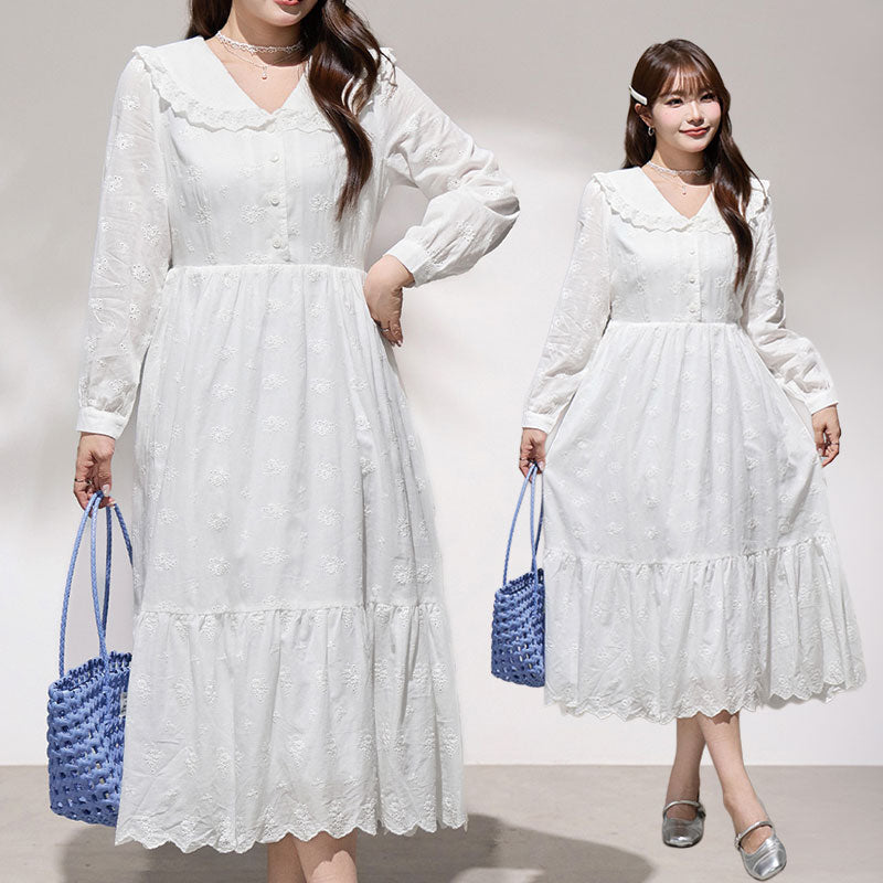 大きいサイズ レディース 花刺繍と大きめ襟のやさしい白ワンピース(LL/3L/4L/5L/6L)
