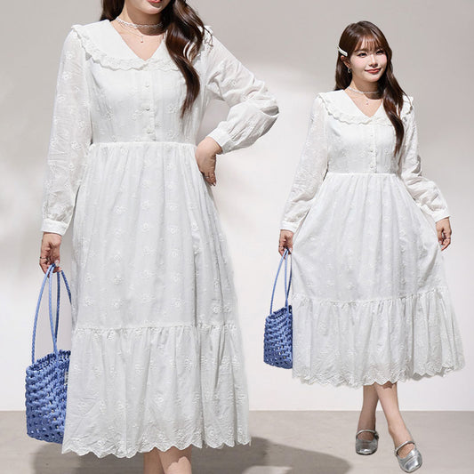 花刺繍と大きめ襟のやさしい白ワンピース(LL/3L/4L/5L/6L)