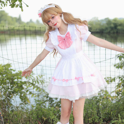 リボンのメイド服ピンクワンピ―ス (M/L/2L/3L/4L/5L/6L)/コスプレ/ハロウィン
