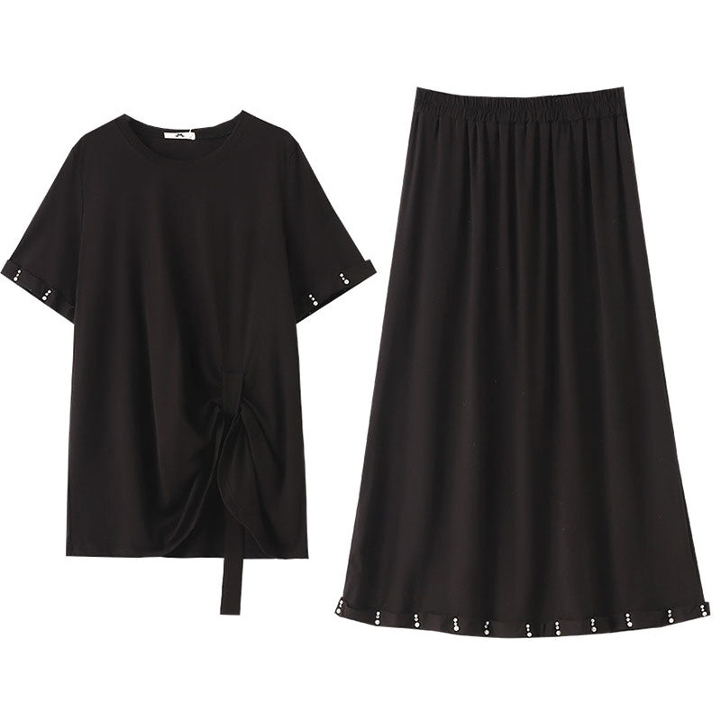 大きいサイズ レディース パールライン・リボンドレープセットアップ(3L/4L/5L/6L/7L)