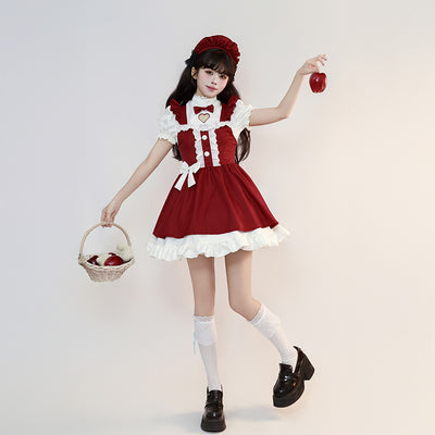 ハートリボンのスイートレッドメイド服(M/L/LL/3L/4L/5L/6L)/コスプレ/ハロウィン