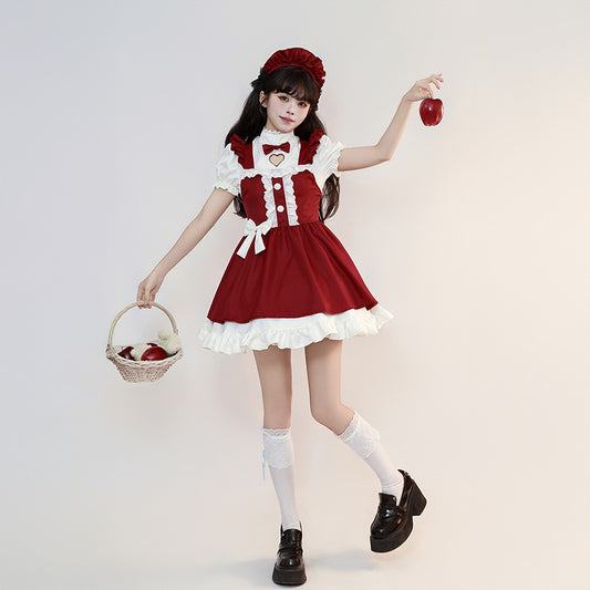ハートリボンのスイートレッドメイド服(M/L/LL/3L/4L/5L/6L)/コスプレ/ハロウィン