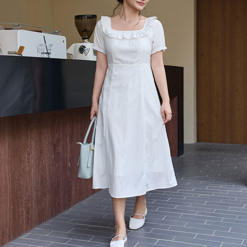 大きいサイズ レディース やわらか純白のフリルネック上品ワンピース(LL/3L/4L/5L/6L)