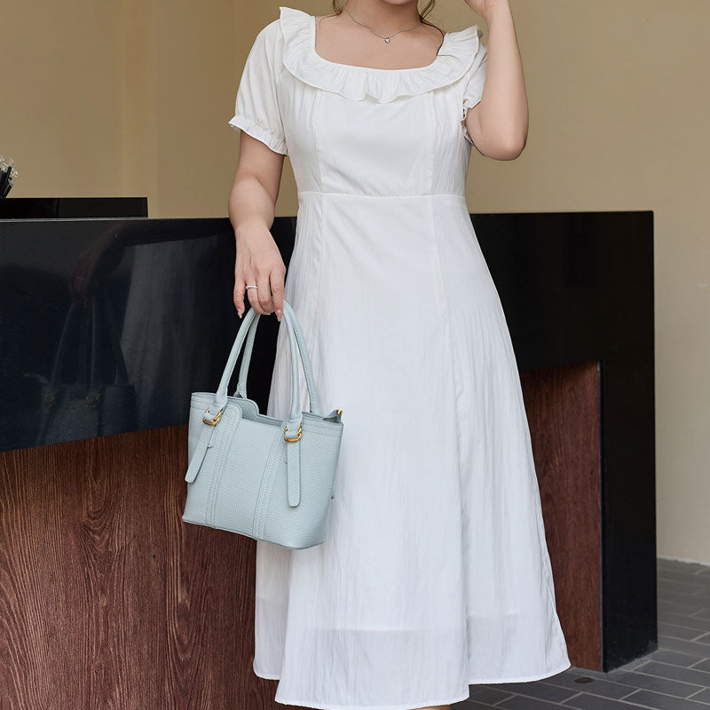 大きいサイズ レディース やわらか純白のフリルネック上品ワンピース(LL/3L/4L/5L/6L)