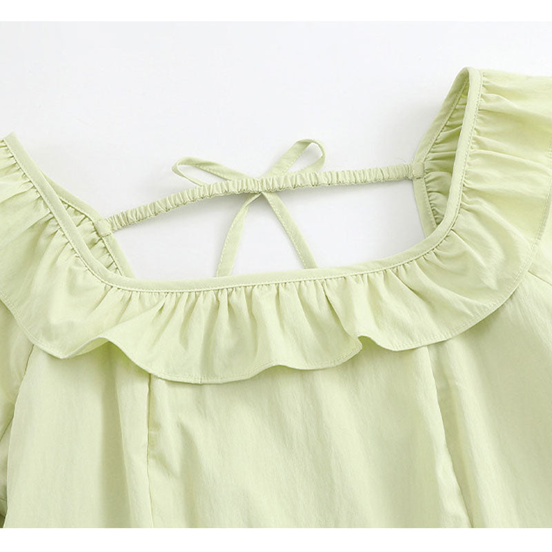 大きいサイズ レディース やわらか抹茶のフリルネック上品ワンピース(LL/3L/4L/5L/6L)