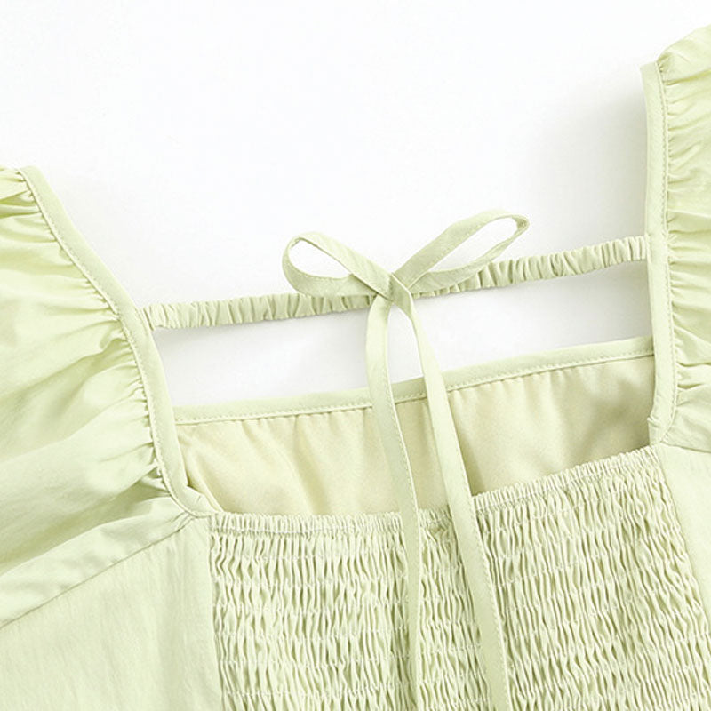 大きいサイズ レディース やわらか抹茶のフリルネック上品ワンピース(LL/3L/4L/5L/6L)