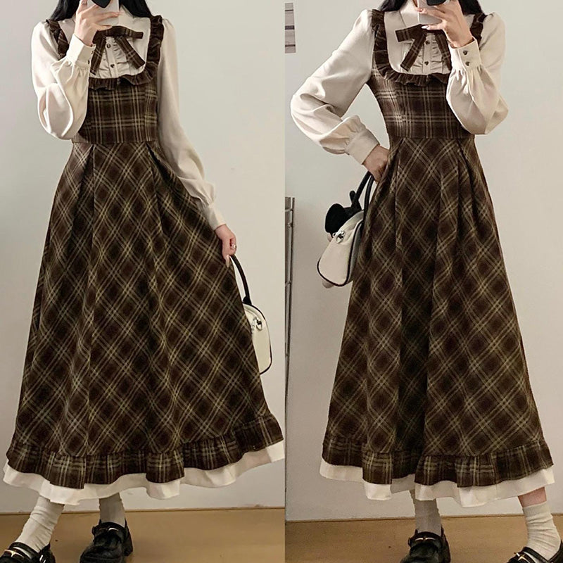 大きいサイズの秋のぽっちゃりコーデにおすすめなレトロチェック柄 フリルジャンパースカートセット