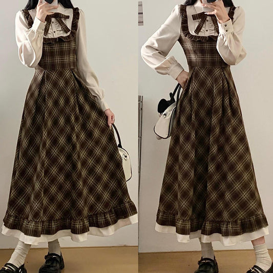 ときめき仕立てのブラウンハートチェックロングワンピース(3L/4L/5L)