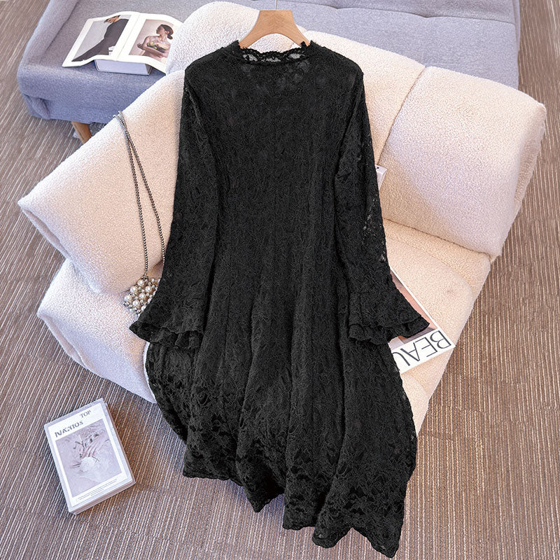 大きいサイズ レディース 黒レース・エレガントドレープワンピース(3L/4L/5L/6L/7L)