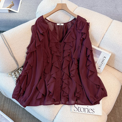 Wine Shadow Frill Blouse (3L/4L/5L/6L/7L)