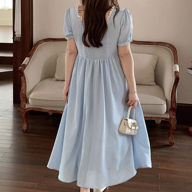 大きいサイズ レディース 清楚ブルーのリボンレースロングワンピース(LL/3L/4L/5L/6L)