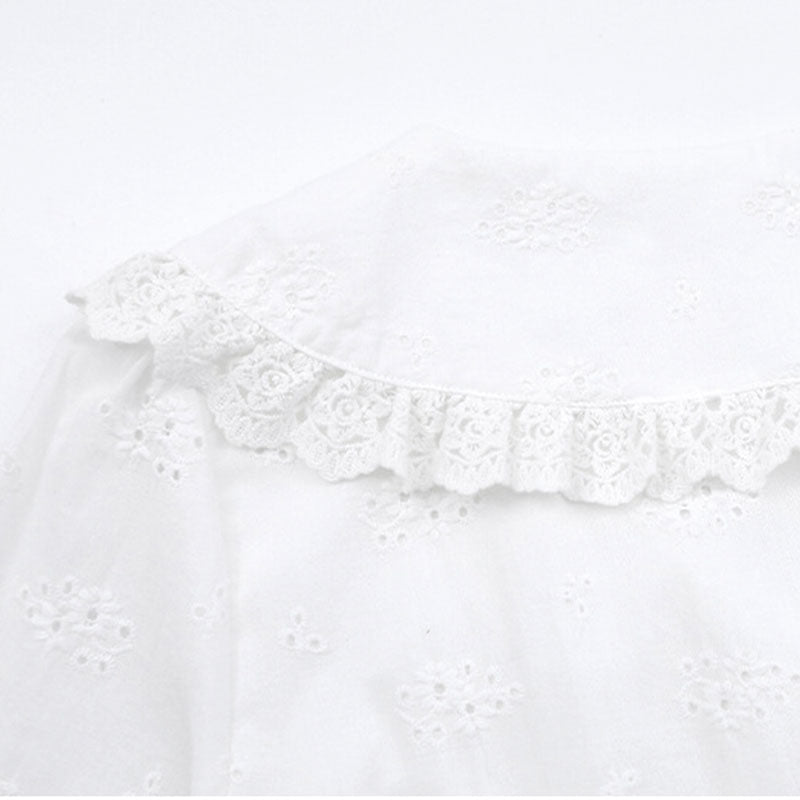 大きいサイズ レディース 花刺繍と大きめ襟のやさしい白ワンピース(LL/3L/4L/5L/6L)