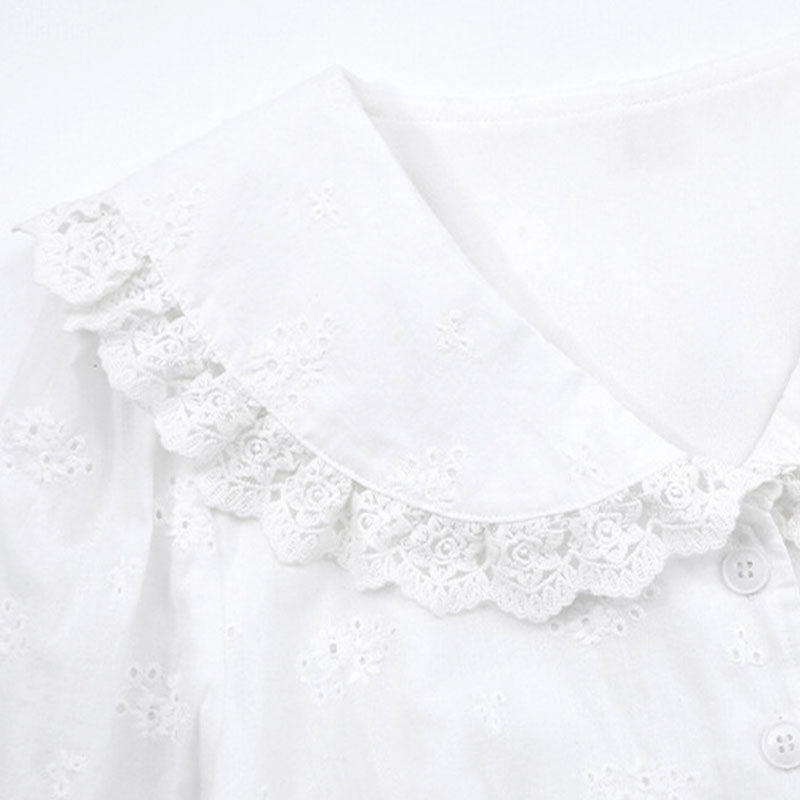 大きいサイズ レディース 花刺繍と大きめ襟のやさしい白ワンピース(LL/3L/4L/5L/6L)