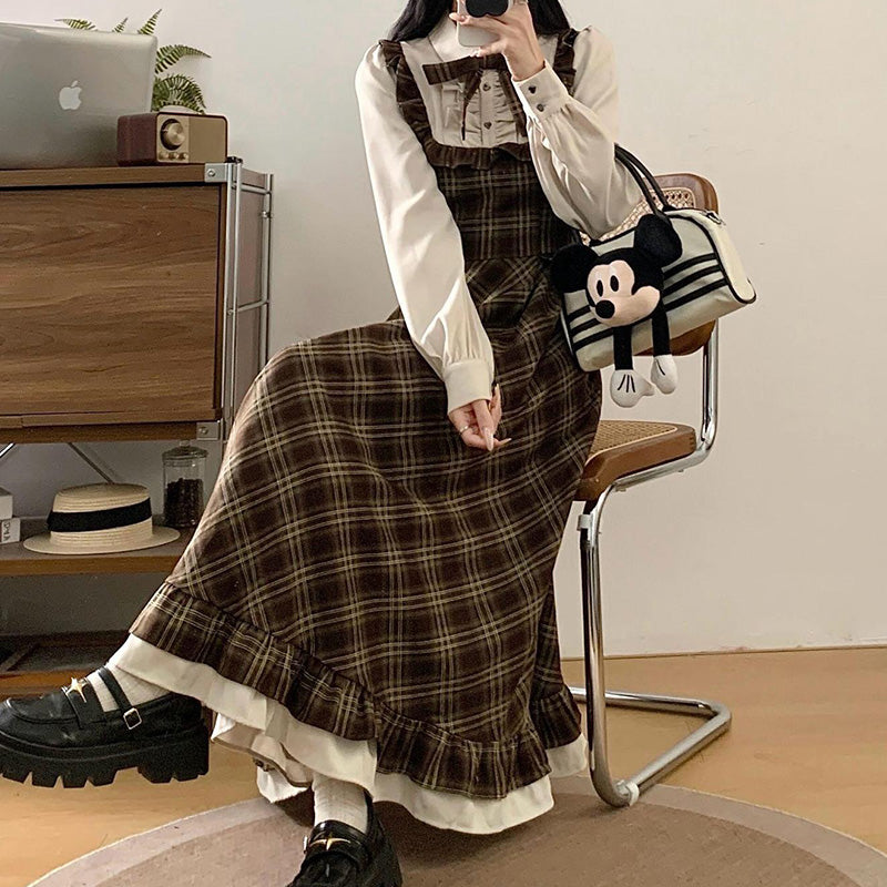 大きいサイズ レディース ときめき仕立てのブラウンハートチェックロングワンピース(3L/4L/5L)