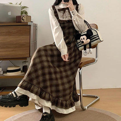 ときめき仕立てのブラウンハートチェックロングワンピース(3L/4L/5L)