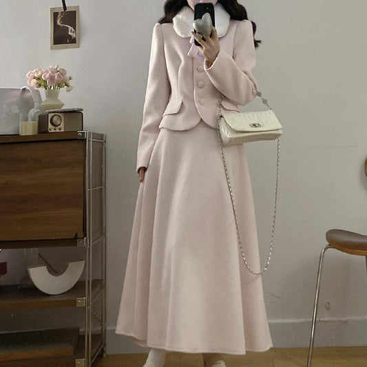 シュガーミルク・ファーカラーフレアセットアップ(L/LL/3L/4L/5L)