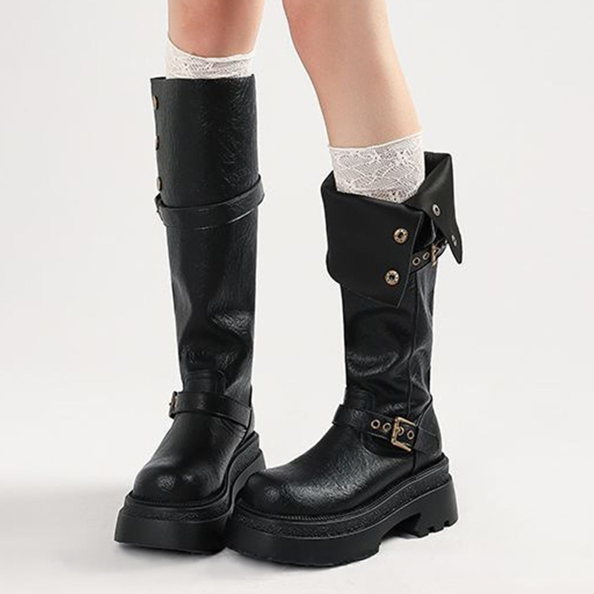 【ふくらはぎ＜LLサイズ＞44～50cm】ダブルベルト厚底ブラックロングブーツ(ふくらはぎ大きいサイズ)