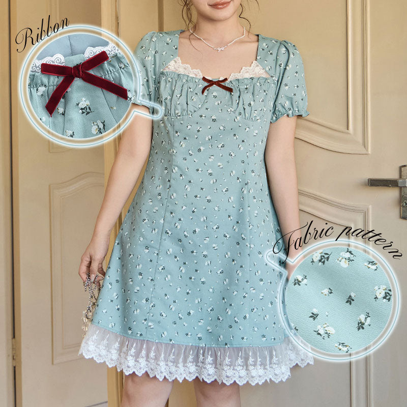 大きいサイズ レディース アンティーク花柄のレース重ねドーリーワンピース(LL/3L/4L/5L/6L)