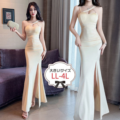 シャンパンベージュ・ジュエルストラップスリットドレス(LL/3L/4L)/キャバドレス/ギャル