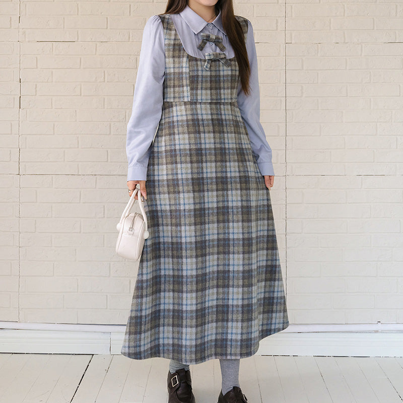 大きいサイズ レディース ブルーグレイスチェック ロングワンピース(3L/4L/5L/6L)