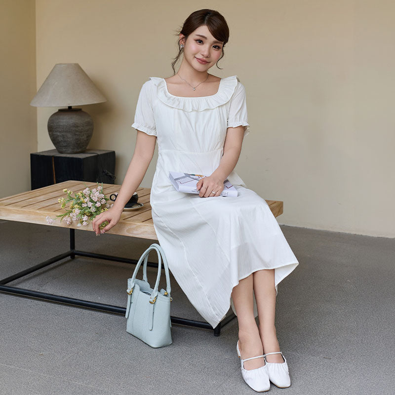 大きいサイズ レディース やわらか純白のフリルネック上品ワンピース(LL/3L/4L/5L/6L)