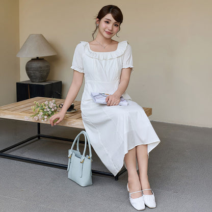 やわらか純白のフリルネック上品ワンピース(LL/3L/4L/5L/6L)