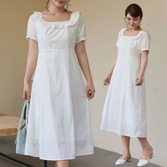 やわらか純白のフリルネック上品ワンピース(LL/3L/4L/5L/6L)