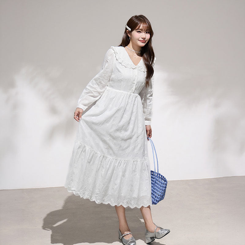 大きいサイズ レディース 花刺繍と大きめ襟のやさしい白ワンピース(LL/3L/4L/5L/6L)