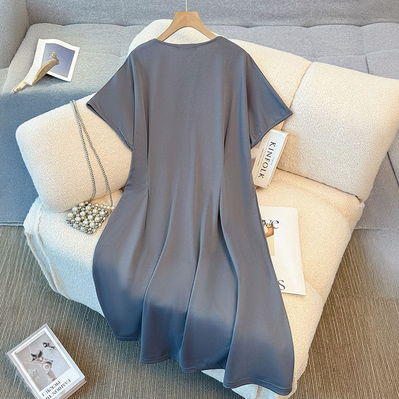 大きいサイズ レディース グレージュドレープ・ミニマル大人ワンピース(3L/4L/5L/6L/7L)