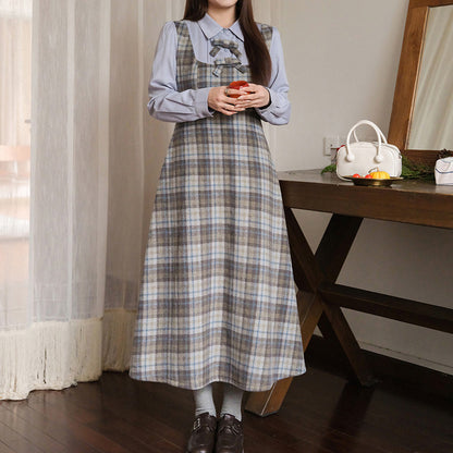 ブルーグレイスチェック ロングワンピース(3L/4L/5L/6L)