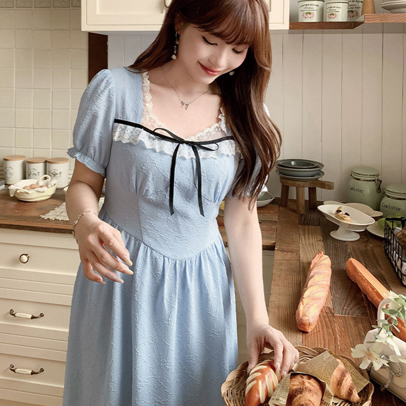 大きいサイズ レディース 清楚ブルーのリボンレースロングワンピース(LL/3L/4L/5L/6L)