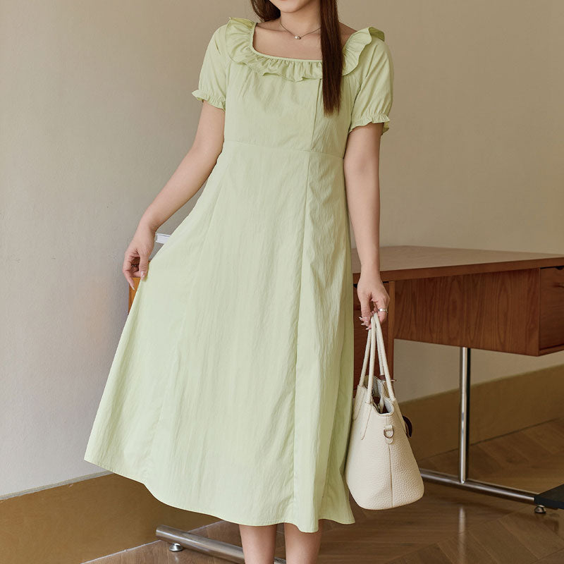 大きいサイズ レディース やわらか抹茶のフリルネック上品ワンピース(LL/3L/4L/5L/6L)