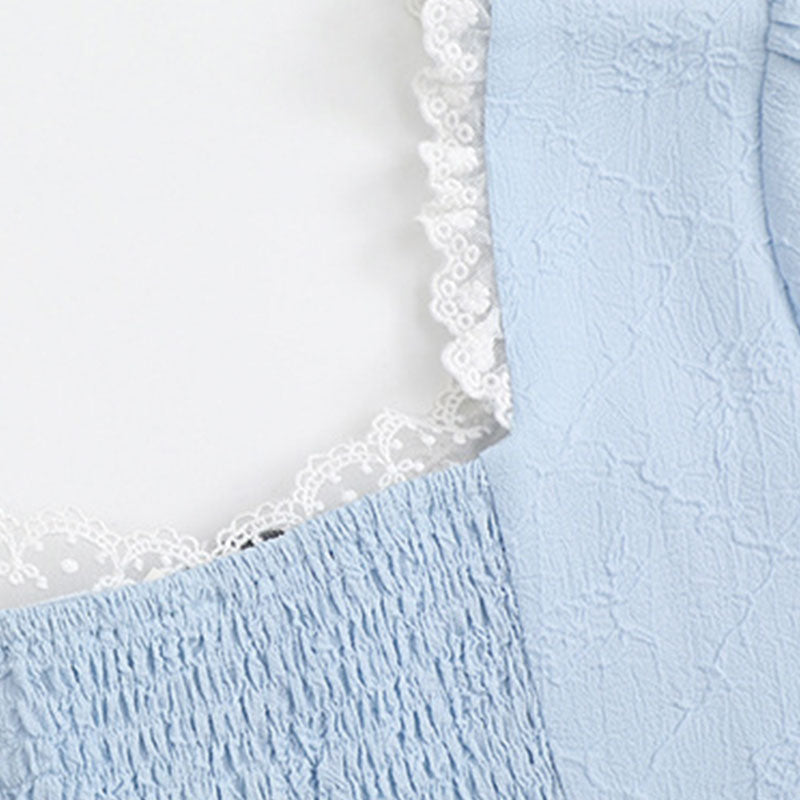 大きいサイズ レディース 清楚ブルーのリボンレースロングワンピース(LL/3L/4L/5L/6L)